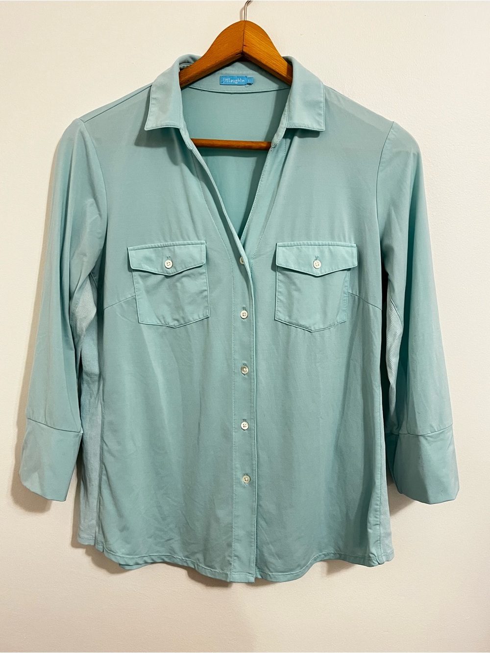 J. McLaughlin Catalina Cloth Blouse Large Aqua Blue Button Stretch 3/4 Sleeve - Picture 2 of 8